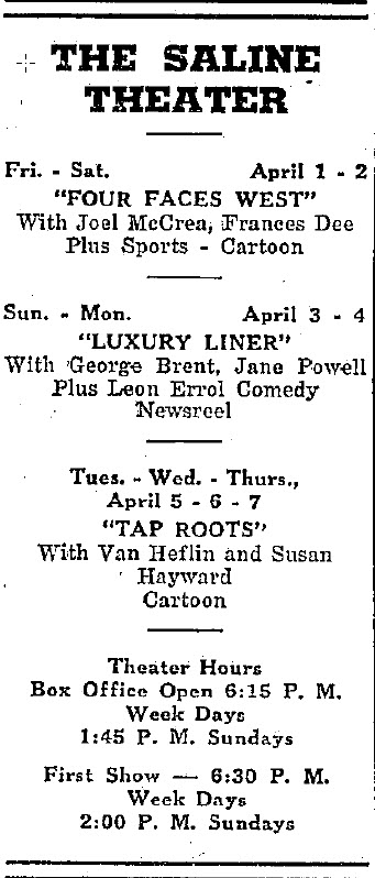Saline Theatre - 31 March 1949 Ad